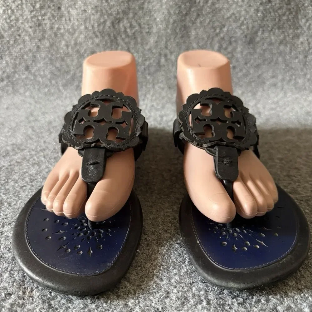 Tory Burch Miller Scalloped Blue Black Thong Sandals Slip-On Flat Cut-Out 10 M